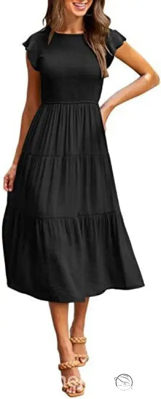 Army green flounced large swing dress with ruffle details