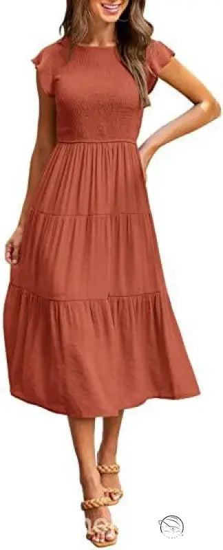 Army green flounced large swing dress with rust-colored tiers