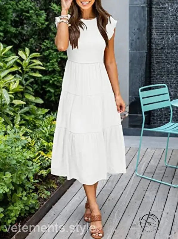 Army green flounced large swing dress with ruffle details