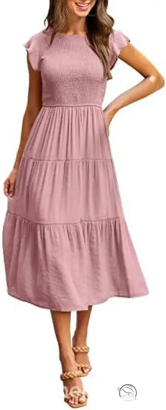 Army green flounced large swing dress with pink tiered midi details