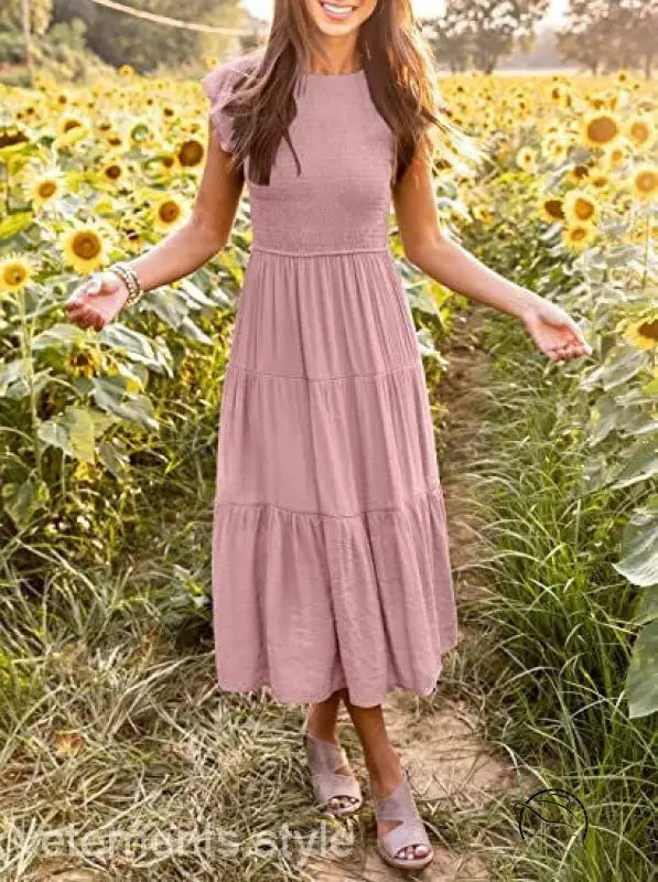 Army green flounced large swing dress with ruffle details