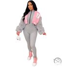 Army green gray short varsity jacket with grey pink fur and white d embroidery
