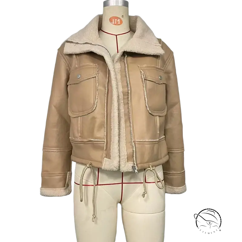 Attractive faux shearling jacket in tan with faux fur lining