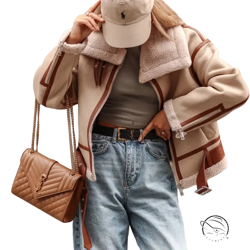 Stylish collar lamb wool coat locomotive jacket with shearling, cap, jeans, quilted bag