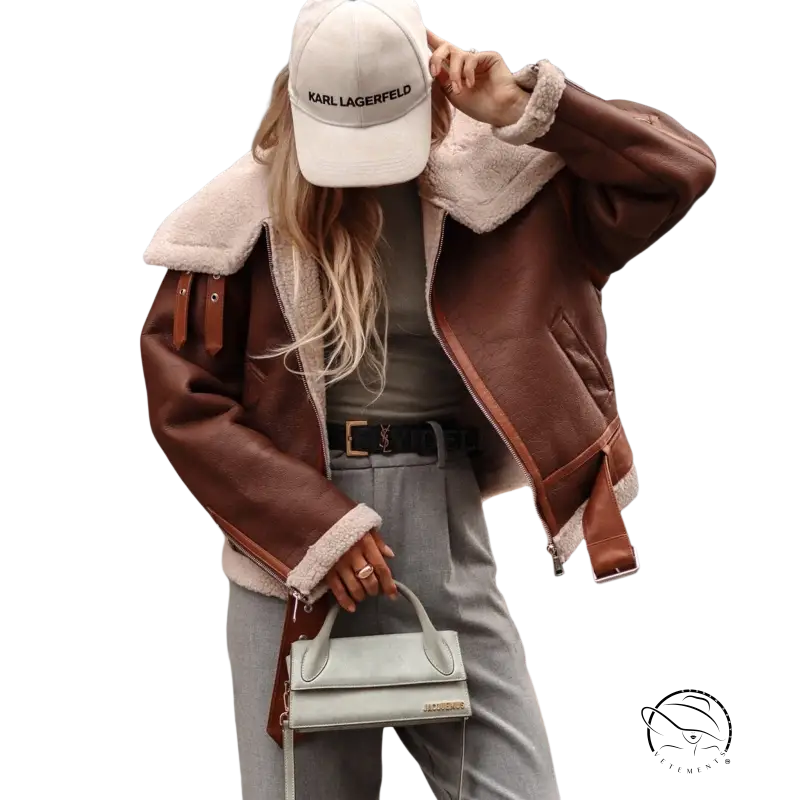 Brown leather shearling coat locomotive jacket with collar lamb wool