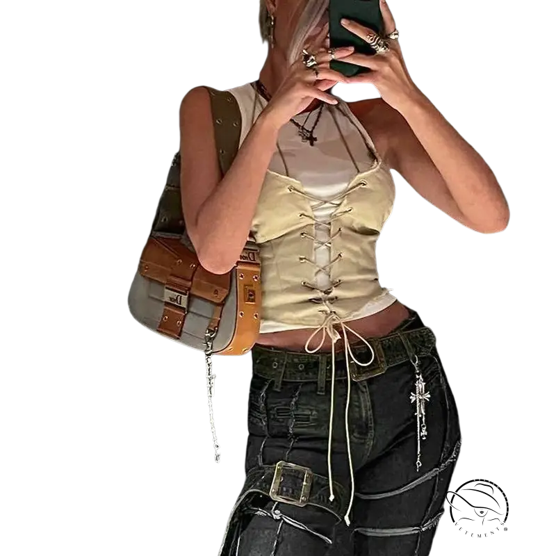 Sexy backless bandage corset top with lace-up front over white shirt