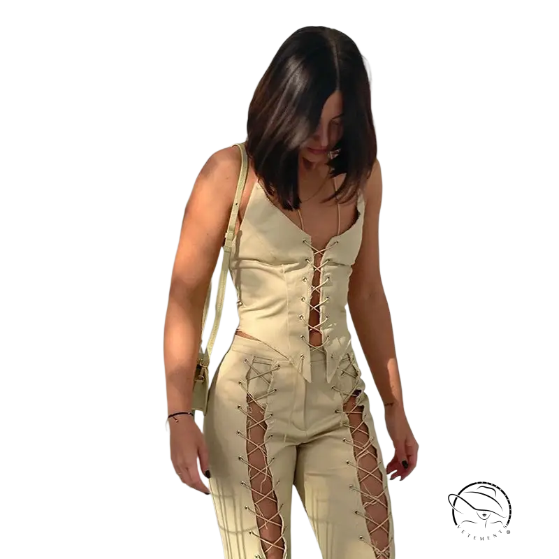 Woman in sexy backless bandage corset top with pale yellow lace-up jumpsuit