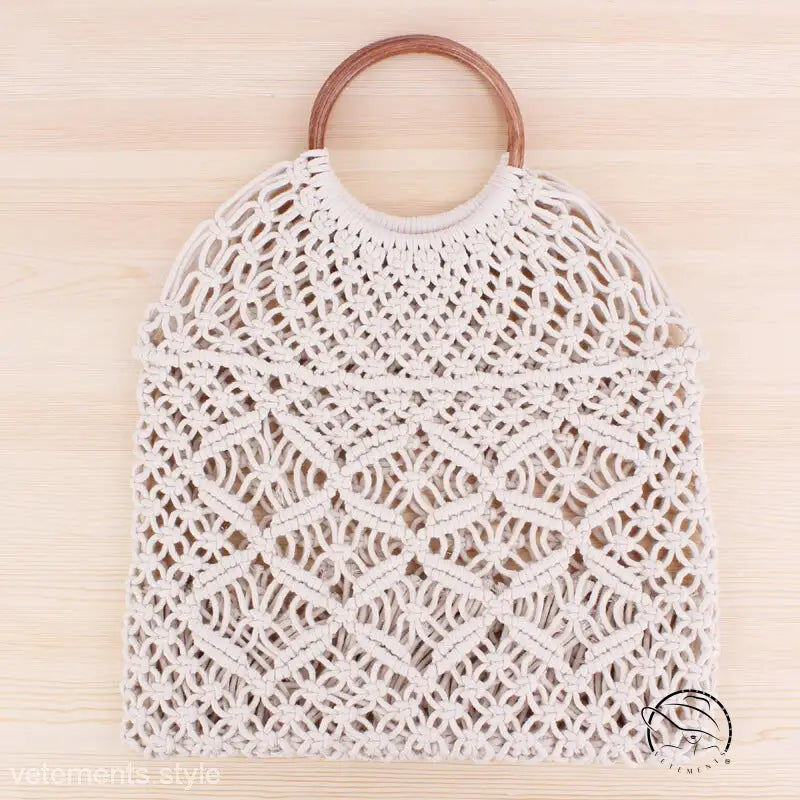 Beautiful handmade bag with cream macrame and camel brown handle