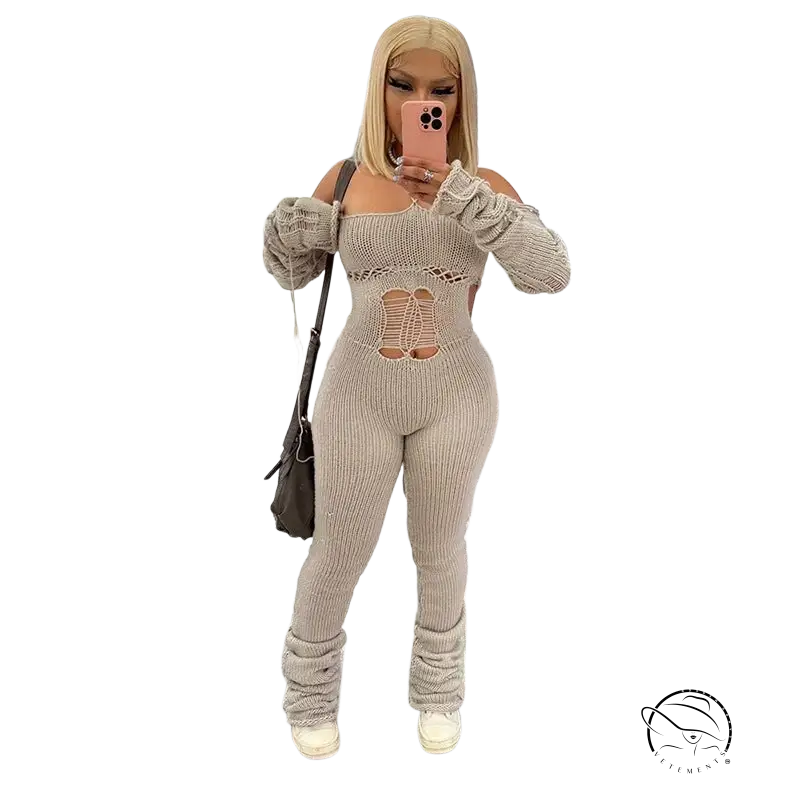 Beige woolen cutout jumpsuit with backless halter and ruched cuffs